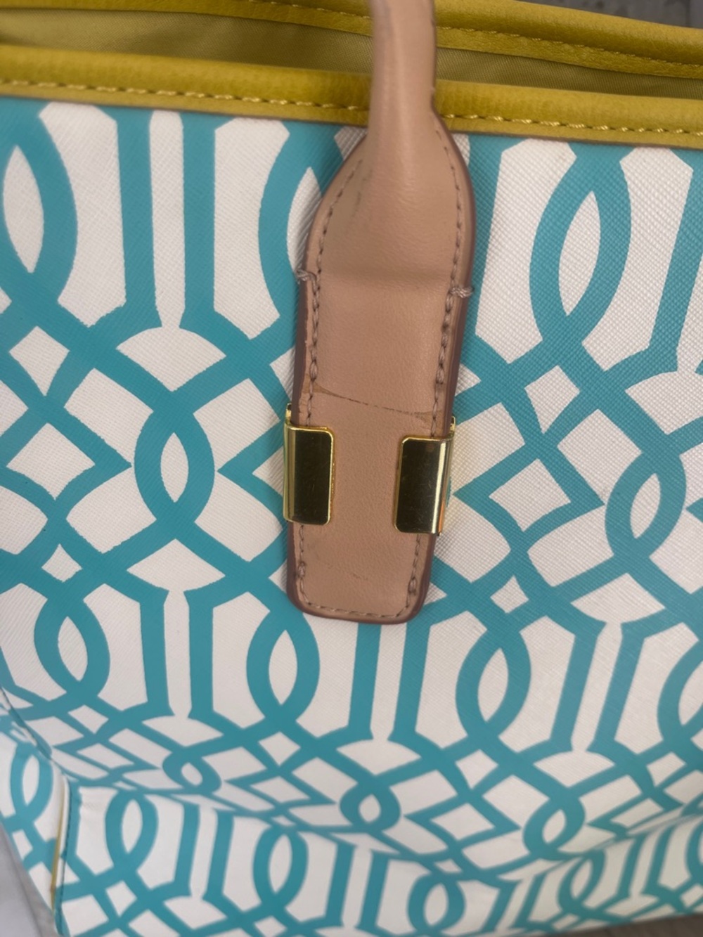 Kate Landry Turquoise Patterned Tote Bag with Beige Handles - Picture 9 of 10
